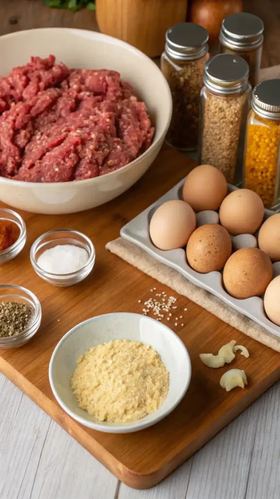Ingredients for gluten-free meatballs displayed on a wooden countertop.