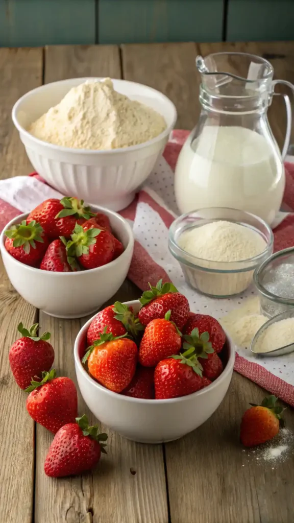 Ingredients for Homemade Strawberry Shortcake including fresh strawberries, sugar, and cream.