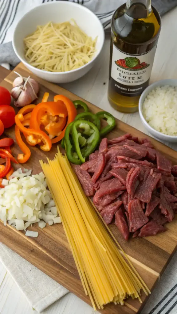 Ingredients for Italian Beef Pasta Skillet including beef, pasta, bell peppers, onion, garlic, and beef broth.