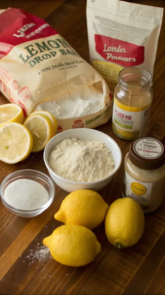 All the ingredients needed for Lemon Drop Bars displayed on a wooden table.
