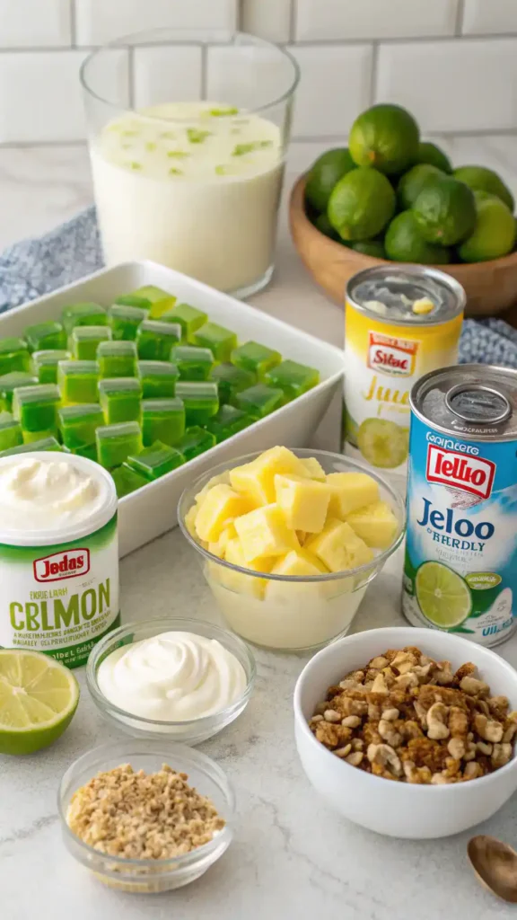 Ingredients for Lemon Lime Jello Salad displayed on a kitchen counter.