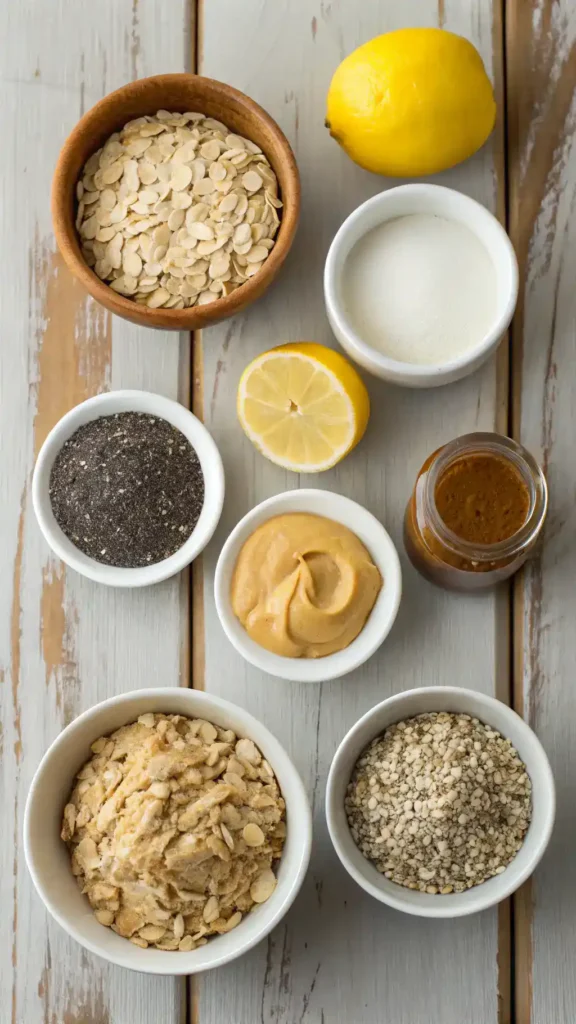 Ingredients for lemon oatmeal no-bake cookies displayed on a wooden table.