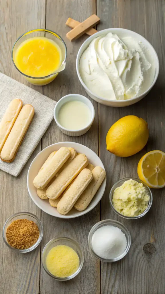 Ingredients for Lemon Tiramisu displayed on a wooden table.