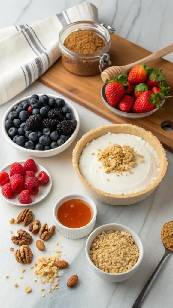 Ingredients for No-Bake Greek Yogurt Fruit Tart including graham crackers, Greek yogurt, honey, and fresh fruits.