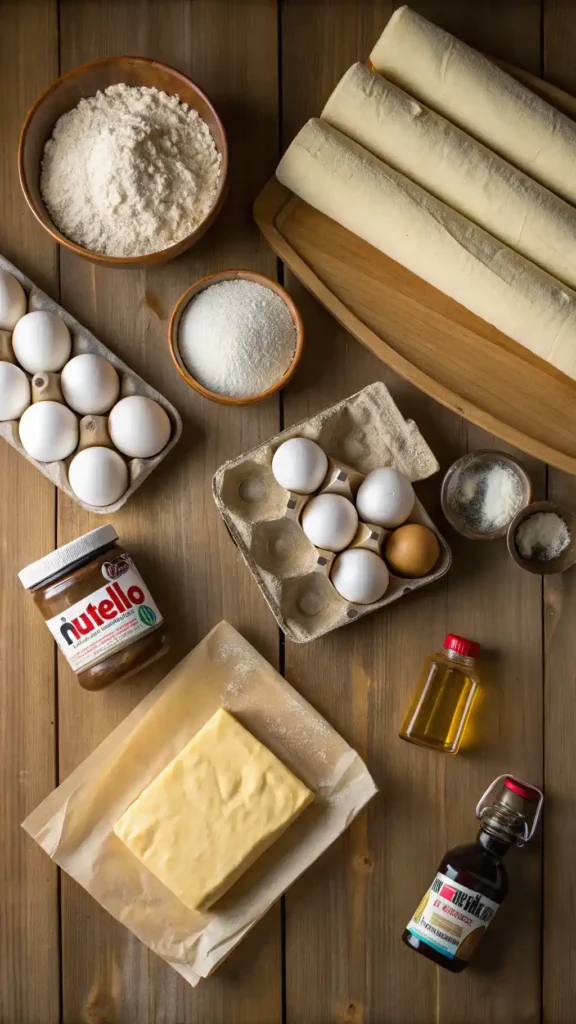 Ingredients for Nutella puff pastry including puff pastry, Nutella, egg, powdered sugar, vanilla extract, and sea salt.