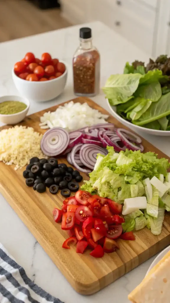 Ingredients for Olive Garden Salad including romaine lettuce, iceberg lettuce, cherry tomatoes, red onion, black olives, pepperoncini, Parmesan cheese, and Italian dressing.