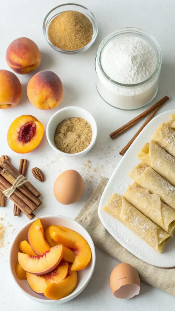 Ingredients for Peach Cobbler Egg Rolls displayed on a wooden table.