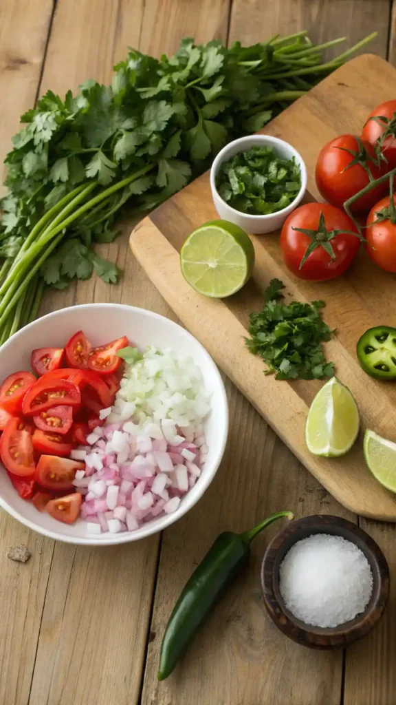Ingredients for Pico de Gallo displayed on a wooden table, including tomatoes, onions, cilantro, jalapeños, lime, and salt.