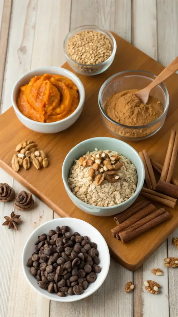 Generate a detailed image of the ingredients needed for Pumpkin Chocolate Chip Oatmeal Bars, arranged aesthetically on a wooden table.