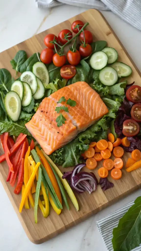 Ingredients for Salmon Salad including fresh salmon, mixed greens, and colorful vegetables.