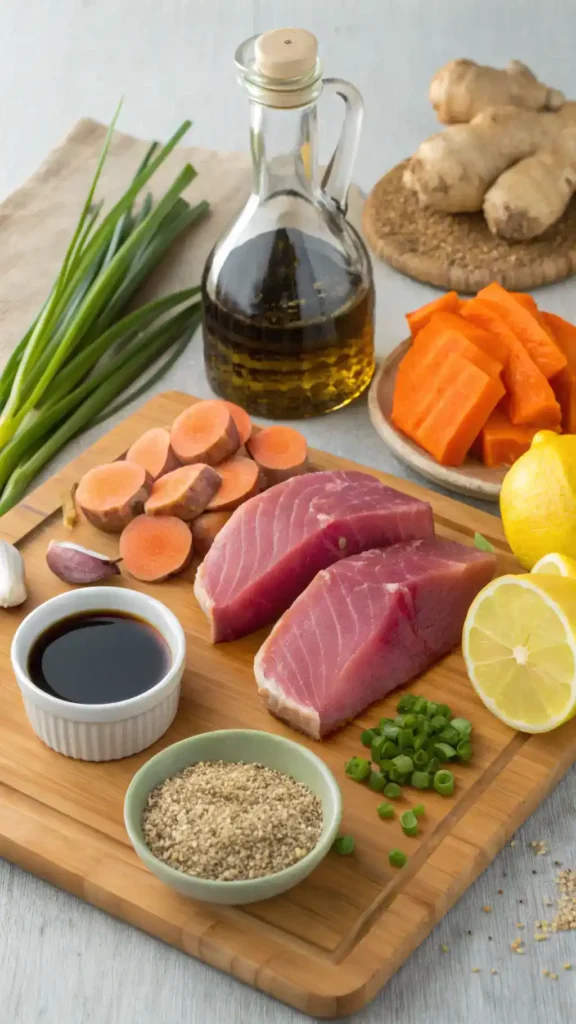 Ingredients for seared tuna and sweet potato laid out on a wooden countertop.