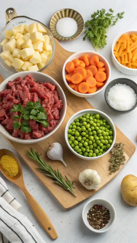 Ingredients for Shepherd's Pie Soup including ground beef, carrots, potatoes, and spices.