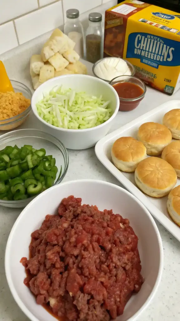 Ingredients for Sloppy Joe Casserole including ground beef, onion, green bell pepper, garlic, and more.