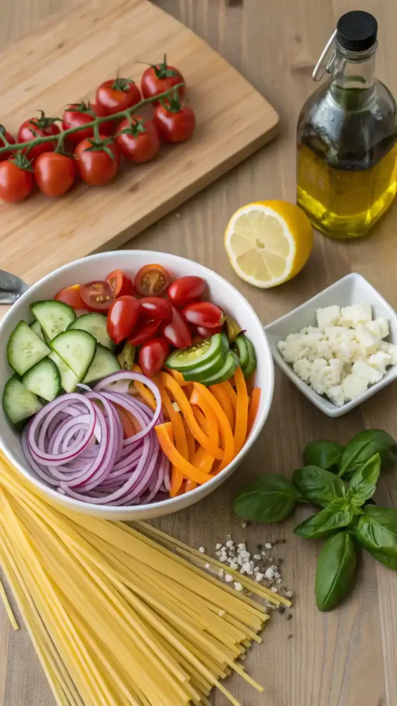 Ingredients for Spaghetti Salad displayed on a kitchen counter.