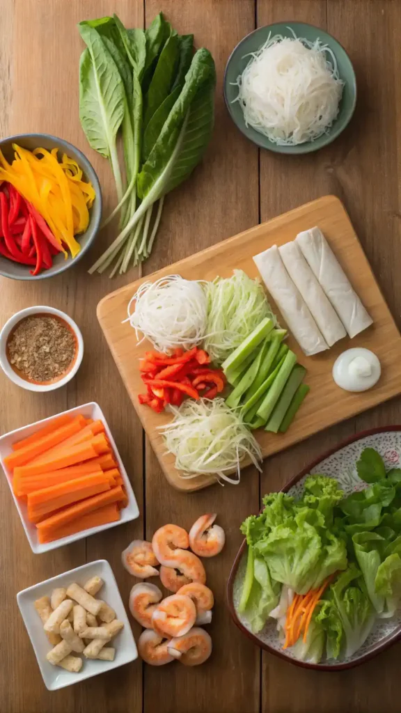 Ingredients for spring rolls including fresh vegetables and wrappers.