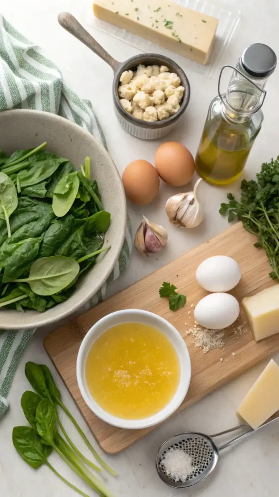 Ingredients for Stracciatella Soup including chicken broth, eggs, spinach, and Parmesan cheese.