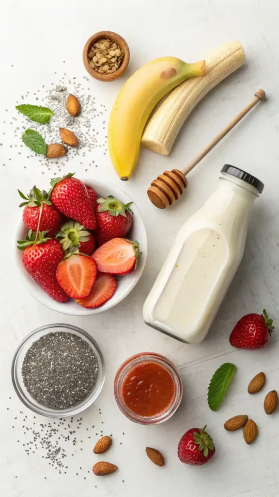 Ingredients for Strawberry-Banana Protein Smoothie displayed on a wooden table.
