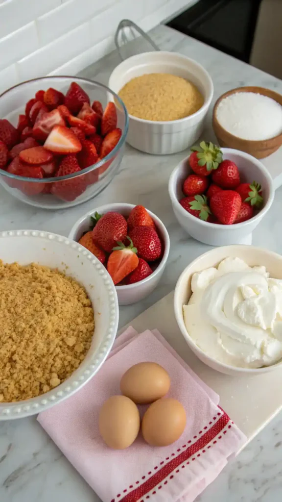 Ingredients for Strawberry Cheesecake including graham cracker crumbs, cream cheese, and fresh strawberries.
