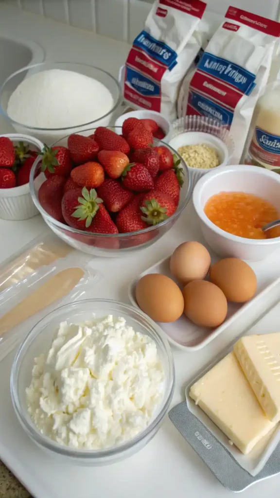 Ingredients for Strawberry Shortcake Cheesecake displayed on a kitchen counter.