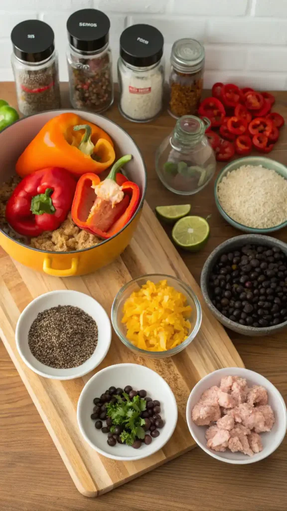Ingredients for Stuffed Pepper Skillet including bell peppers, ground turkey, quinoa, and spices arranged on a kitchen counter.