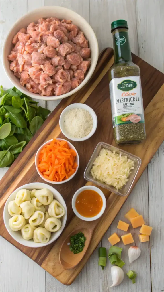 Ingredients for Tortellini Meatball Soup displayed on a cutting board, including tortellini, ground turkey, and vegetables.