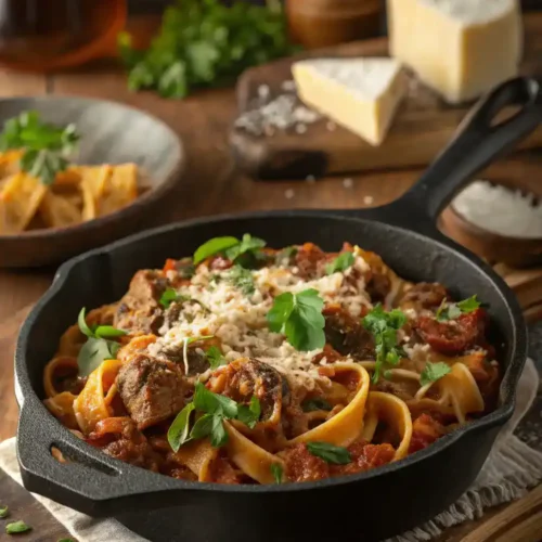 A finished Italian Beef Pasta Skillet garnished with fresh herbs and Parmesan cheese, ready to be served.