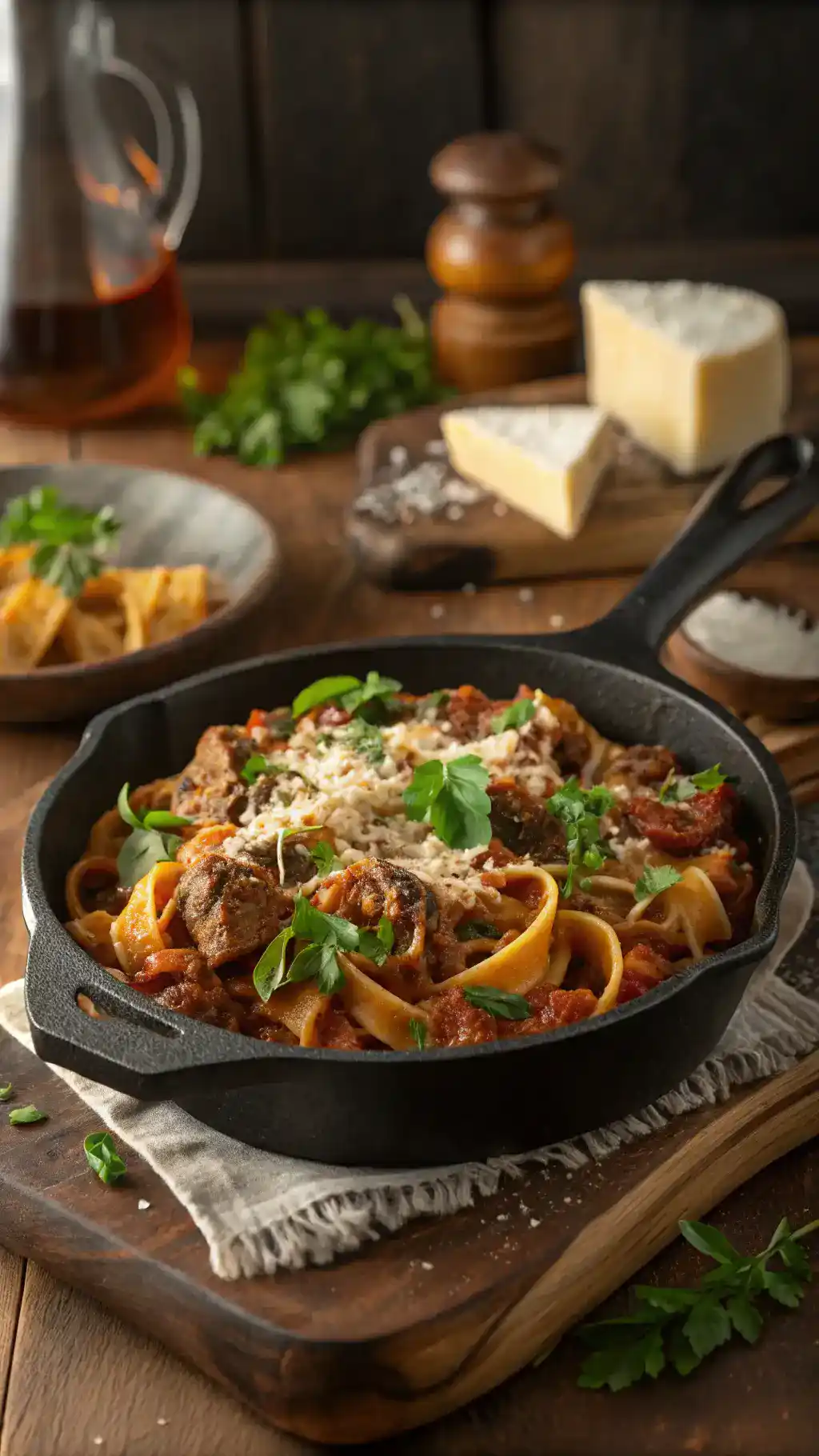 A finished Italian Beef Pasta Skillet garnished with fresh herbs and Parmesan cheese, ready to be served.