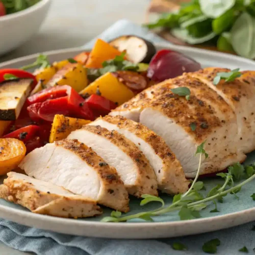 Juicy air fryer chicken breast served with roasted vegetables and salad.