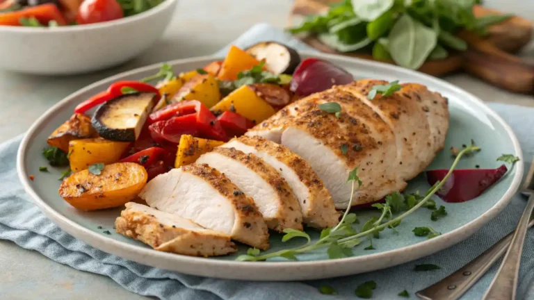 Juicy air fryer chicken breast served with roasted vegetables and salad.
