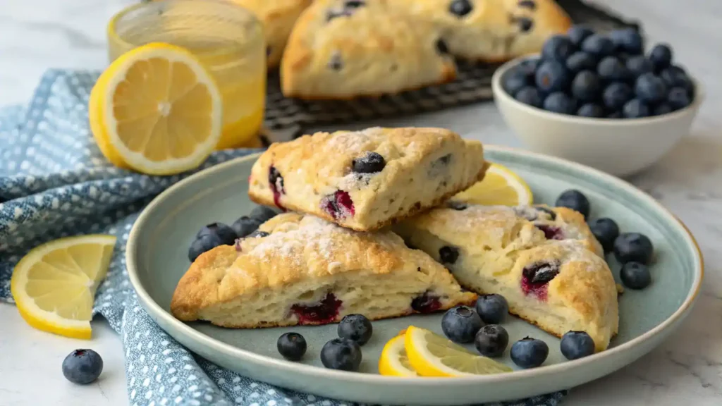 Freshly baked Lemon Blueberry Scones on a plate, garnished with lemon slices.