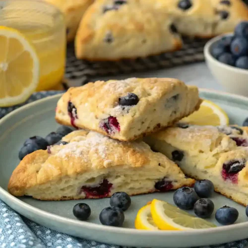 Freshly baked Lemon Blueberry Scones on a plate, garnished with lemon slices.