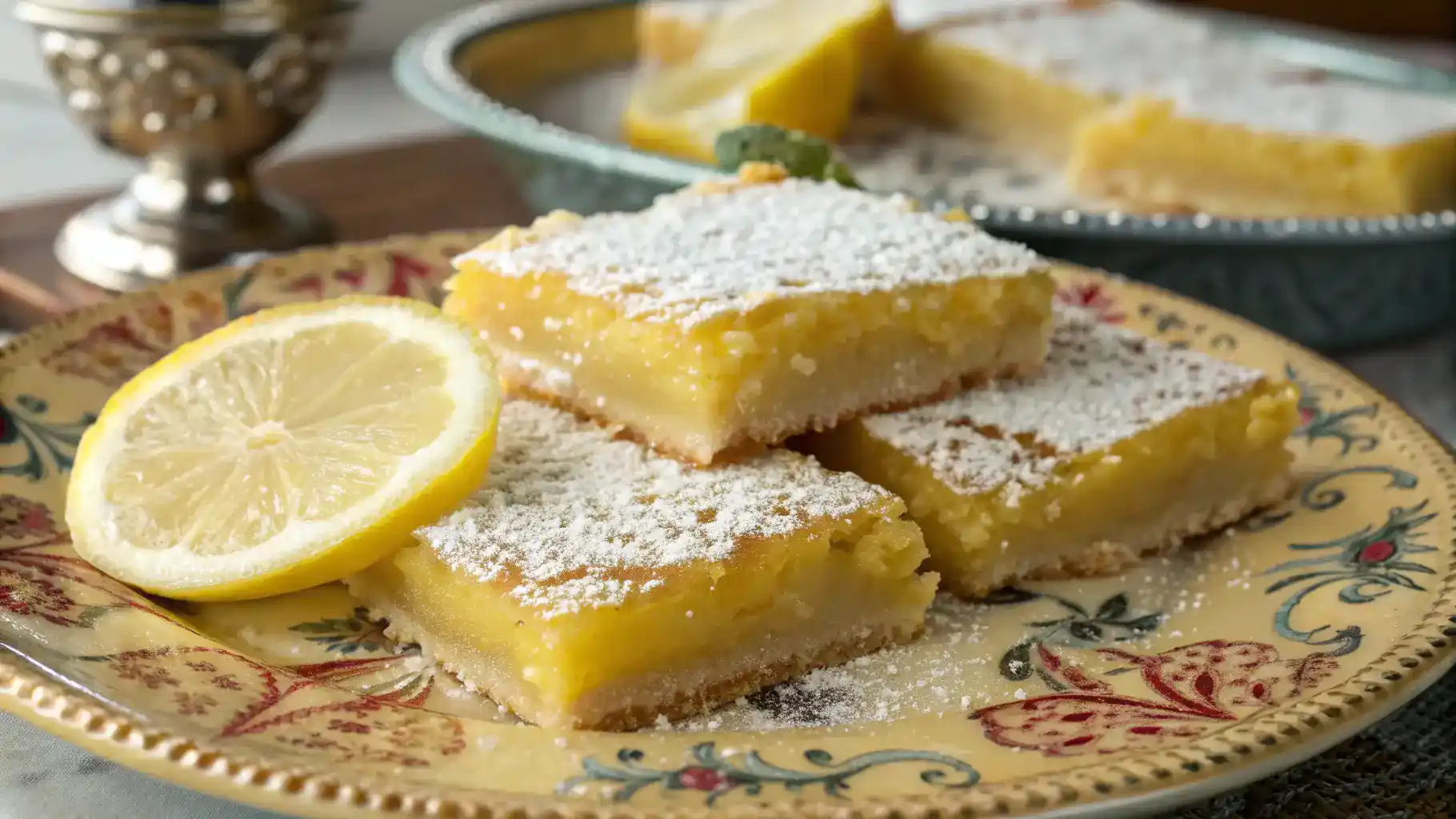 Freshly baked Lemon Drop Bars served on a plate with powdered sugar and lemon garnish.