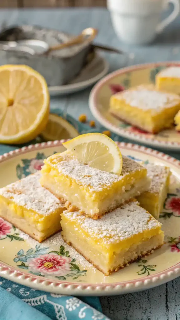 Freshly baked Lemon Drop Bars served on a plate with powdered sugar and lemon garnish.