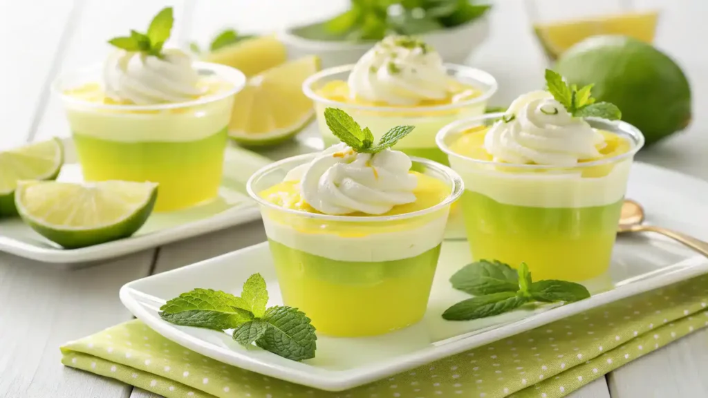 Create a realistic image of a beautifully plated Lemon Lime Jello Salad served in individual cups, garnished with whipped cream and mint leaves, set against a bright background.