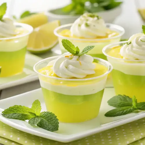 Create a realistic image of a beautifully plated Lemon Lime Jello Salad served in individual cups, garnished with whipped cream and mint leaves, set against a bright background.