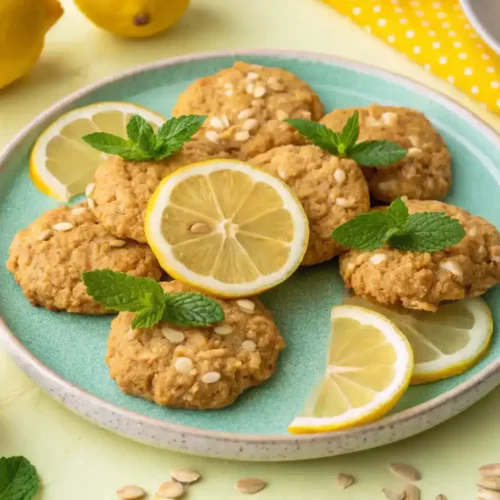 Finished lemon oatmeal no-bake cookies on a plate with lemon slices.