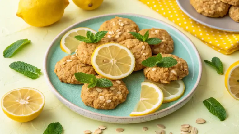 Finished lemon oatmeal no-bake cookies on a plate with lemon slices.