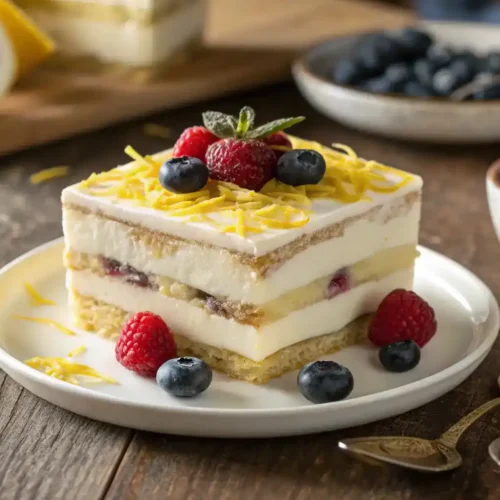 A beautifully plated Lemon Tiramisu garnished with lemon zest and berries.