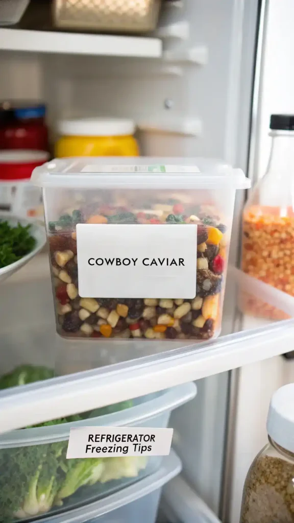 Cowboy Caviar stored in an airtight container in the refrigerator.