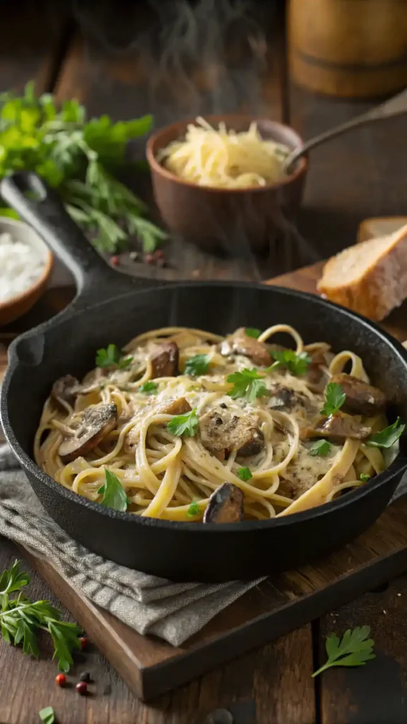 A delicious serving of Mushroom Pasta in a skillet, garnished with fresh herbs and grated cheese.