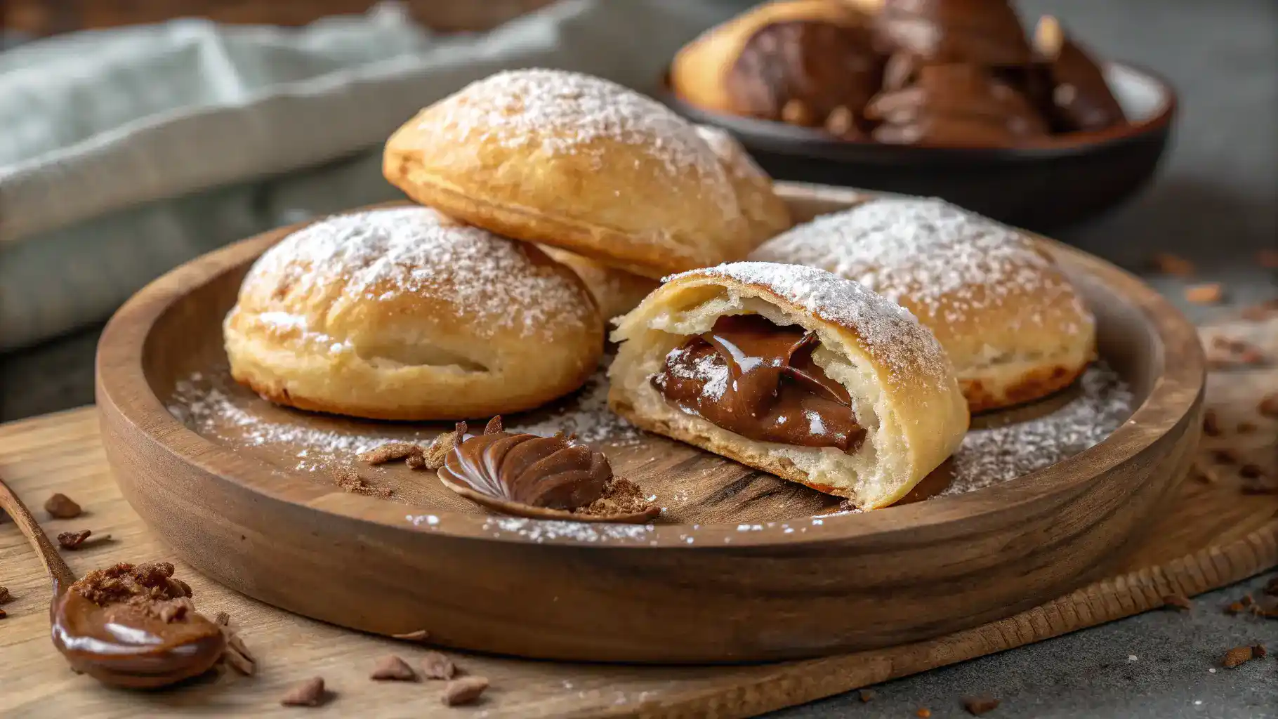Freshly baked Nutella puff pastries, golden brown and dusted with powdered sugar.
