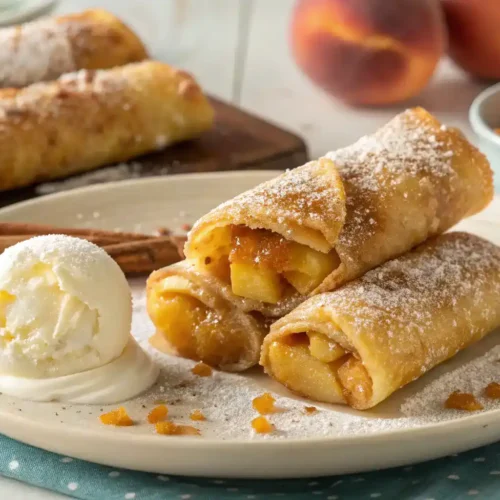 Delicious Peach Cobbler Egg Rolls served with powdered sugar and ice cream.