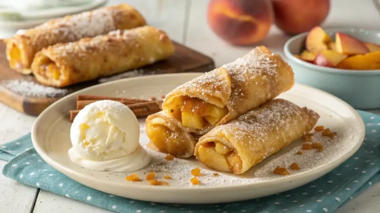 Delicious Peach Cobbler Egg Rolls served with powdered sugar and ice cream.