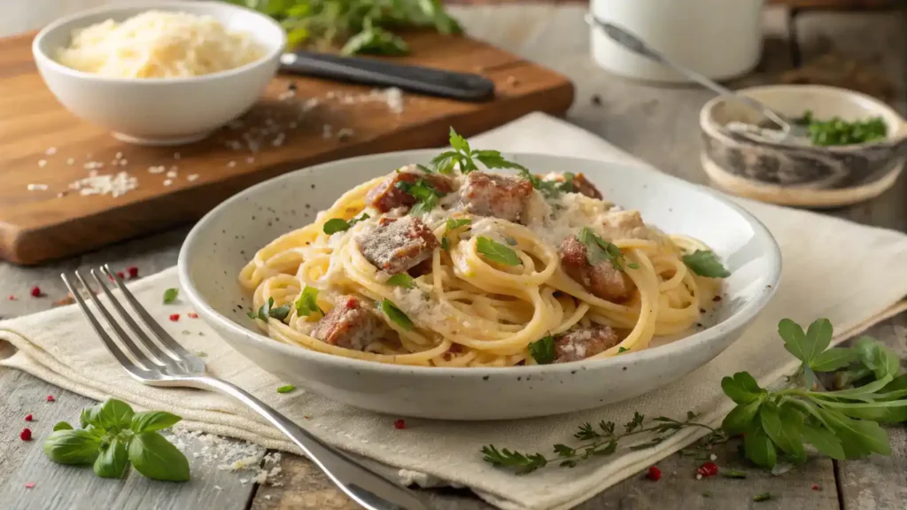 A beautifully plated creamy sausage pasta dish, garnished with herbs and Parmesan cheese, ready to be served.