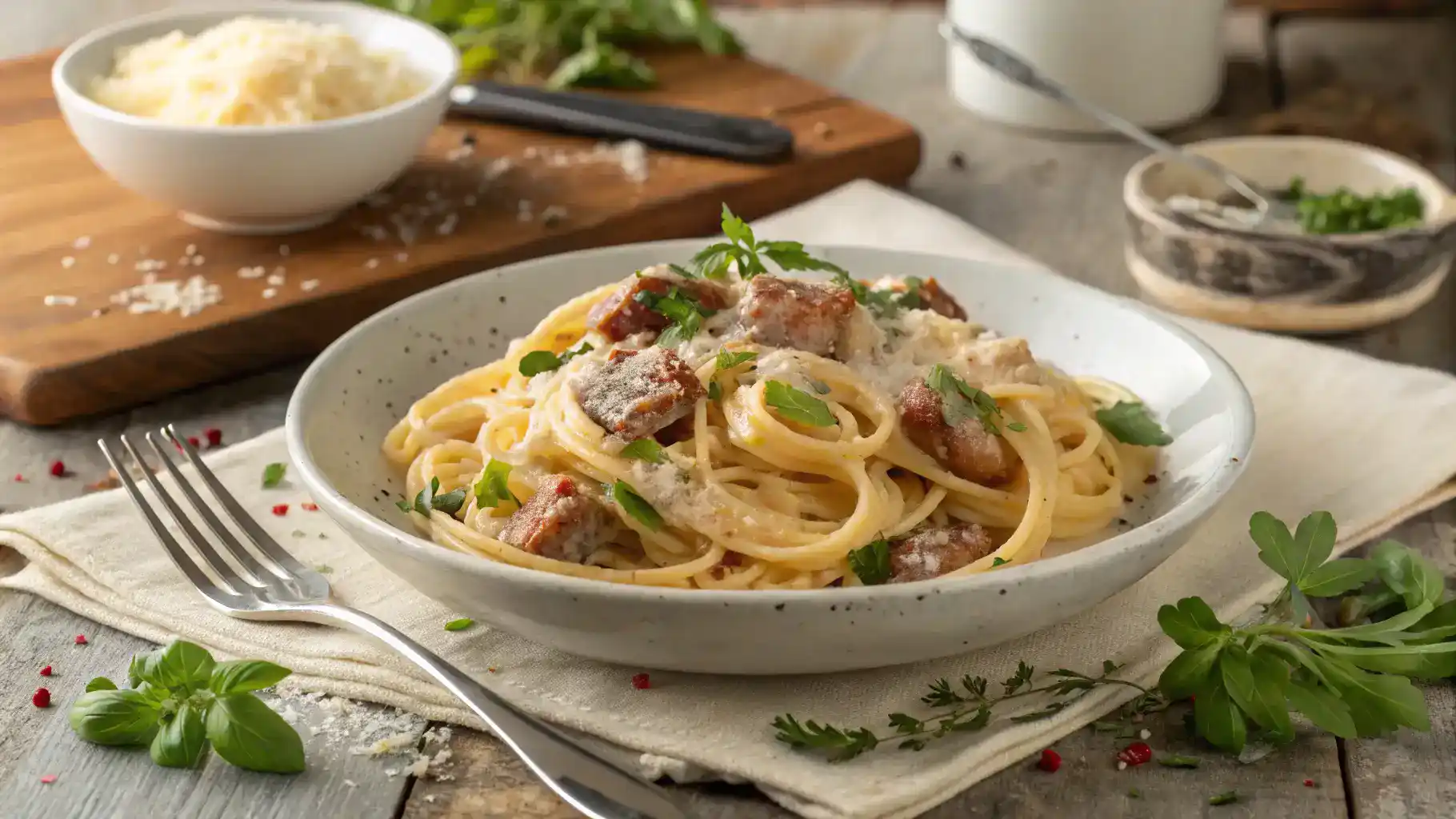 A beautifully plated creamy sausage pasta dish, garnished with herbs and Parmesan cheese, ready to be served.