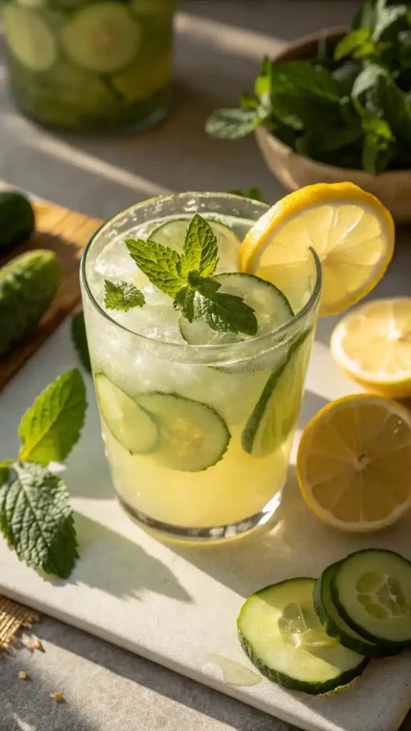Refreshing Cucumber Lemon Juice served in a glass.