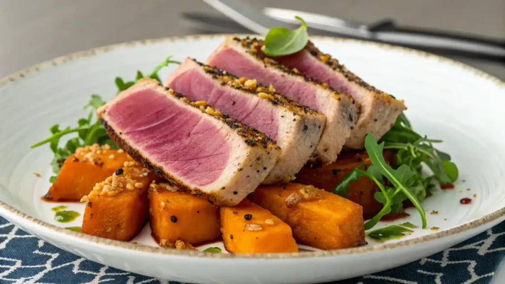 A gourmet dish of seared tuna & sweet potato