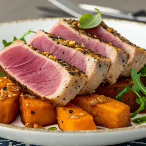 A gourmet dish of seared tuna & sweet potato