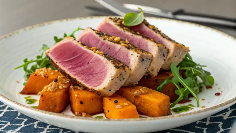 A gourmet dish of seared tuna & sweet potato