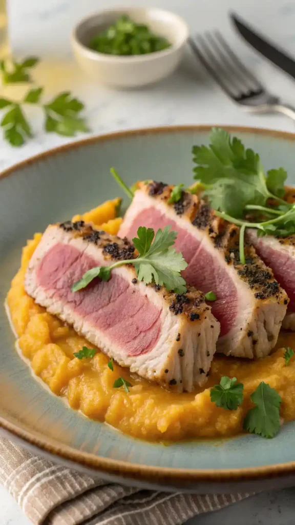 A beautifully plated dish of seared tuna steaks on creamy mashed sweet potatoes, garnished with fresh herbs.
